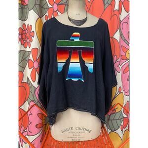 black linen southwestern blouse with serape eagle bell sleeve top raw hem med